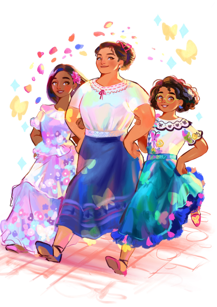 3girls, absurdres, animal_print, ankle_strap, aqua_skirt, blue_skirt, brown_eyes, bug, butterfly, butterfly_print, colorful, commentary_request, curly_hair, dark-skinned_female, dark_skin, dress, embroidery, encanto, eyelashes, flats, floor, floral_print, flower, full_body, glasses, glint, green-framed_eyewear, hair_bun, hair_flower, hair_ornament, hair_ribbon, hand_on_own_hip, height_difference, highres, isabela_madrigal, layered_dress, legs_apart, light_blush, lineup, locked_arms, long_skirt, luisa_madrigal, mirabel_madrigal, mole, mole_under_eye, multiple_girls, neck_ribbon, petals, pink_flower, pink_shoes, pupe_(sennbee1027), purple_dress, red_ribbon, ribbon, shadow, shirt, shoes, short_hair, short_sleeves, siblings, simple_background, single_hair_bun, sisters, skirt, smile, sparkle, tassel, thick_eyebrows, very_dark_skin, walking, white_background, white_shirt, yellow_butterfly