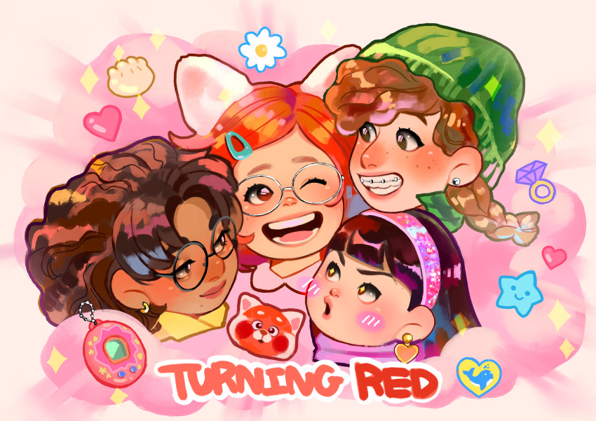 4girls, abby_(turning_red), absurdres, animification, beanie, black_hair, braces, brown_eyes