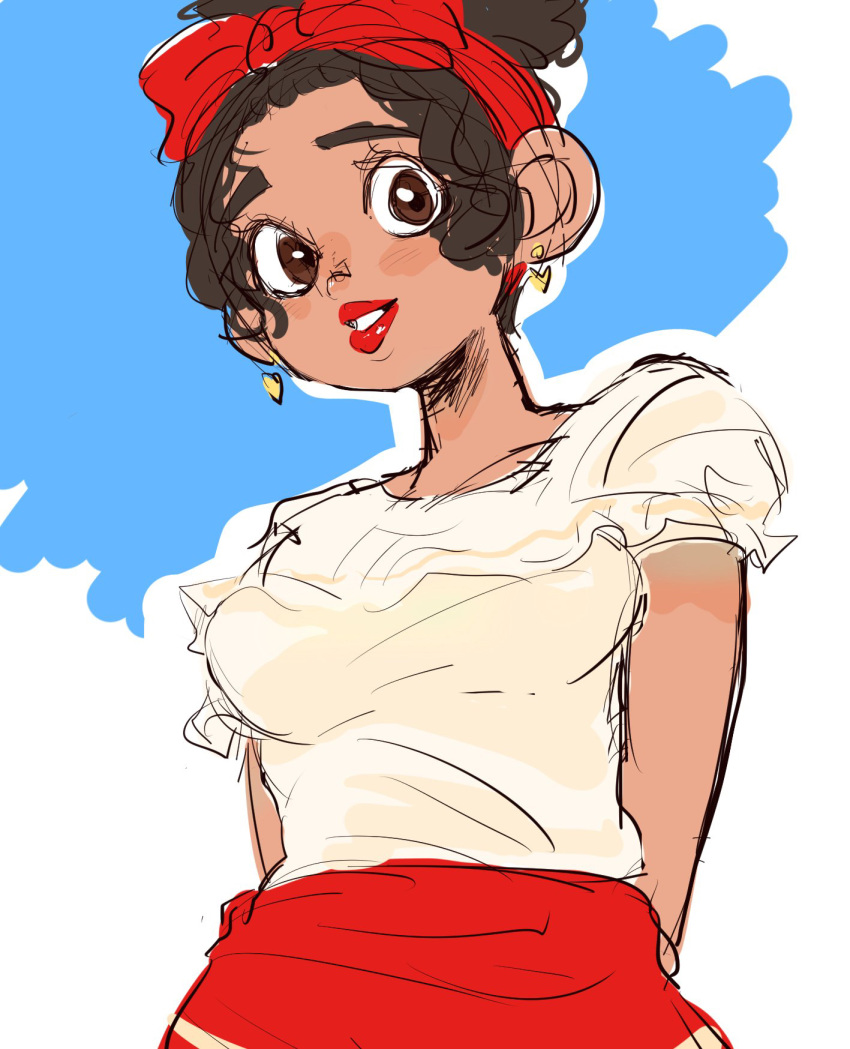 1girl, ametorin_(pixiv26156012), bow, brown_eyes, brown_hair, choker, curly_hair, dark-skinned_female