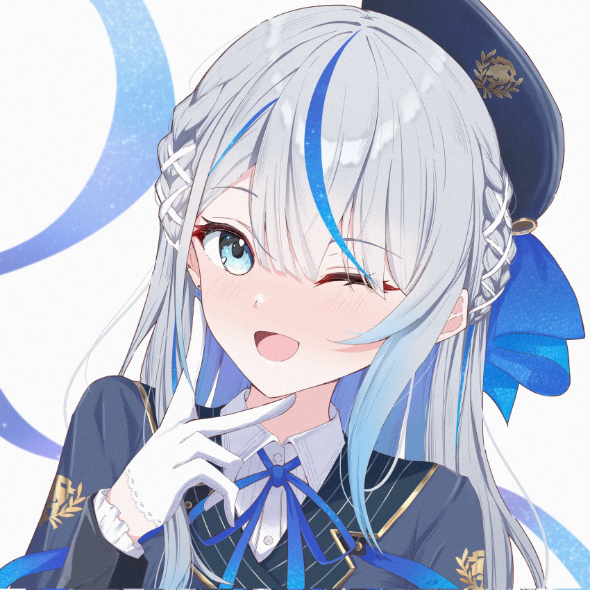 1girl, amagai_ruka, beret, blue_hair, blue_hat, blue_jacket, collared_shirt, commentary