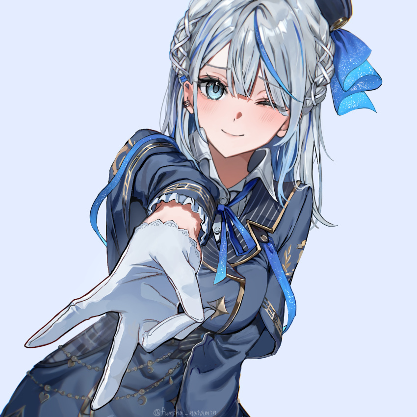 absurdres, amagai_ruka, blue_hair, blue_jacket, closed_mouth, collared_shirt, fumina_natamin, gloves