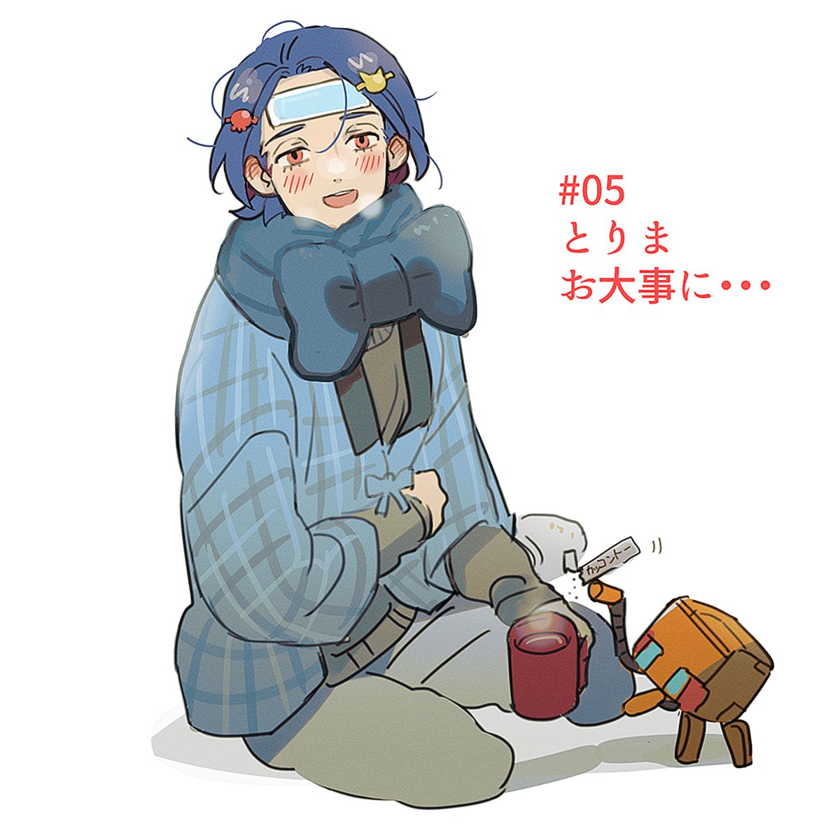 1boy, bandaid, bandaid_on_face, bandaid_on_forehead, blue_hair, blush, bow, cardigan
