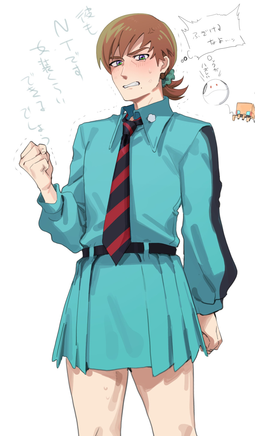 1boy, absurdres, blush, brown_hair, clenched_hand, clenched_teeth, collared_dress, cowboy_shot