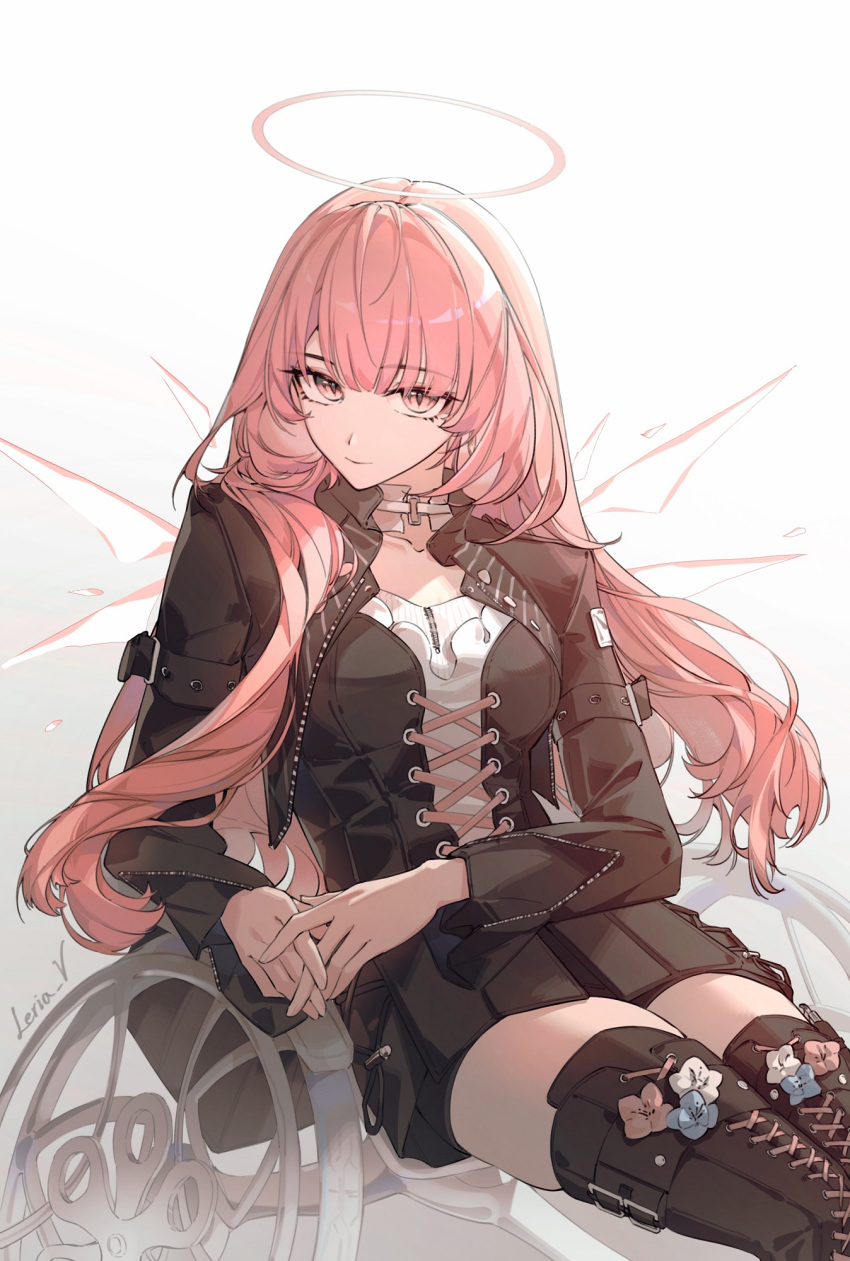 1girl, angel, arknights, artist_name, black_dress, breasts, commentary, detached_wings