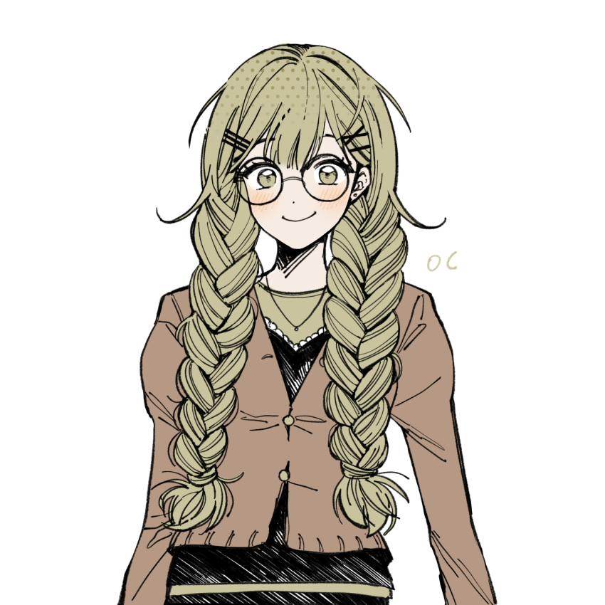 1girl, arms_at_sides, black-framed_eyewear, black_camisole, blonde_hair, braid, brown_cardigan, brown_eyes, brown_shirt, bu3hgg, buttons, camisole, cardigan, closed_mouth, dot_nose, double-parted_bangs, flat_color, glasses, hair_between_eyes, hair_ornament, hair_over_shoulder, halftone, hashtag-only_commentary, hatching_(texture), highres, jewelry, juliet_sleeves, long_hair, long_sleeves, looking_at_viewer, necklace, original, puffy_sleeves, round_eyewear, shirt, simple_background, smile, solo, straight-on, twin_braids, upper_body, white_background, wide-eyed, x_hair_ornament