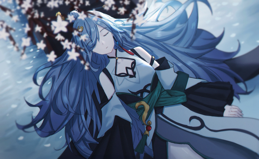 1girl, absurdres, breasts, cherry_blossoms, chinese_clothes, chinese_commentary, chujiuo, closed_eyes