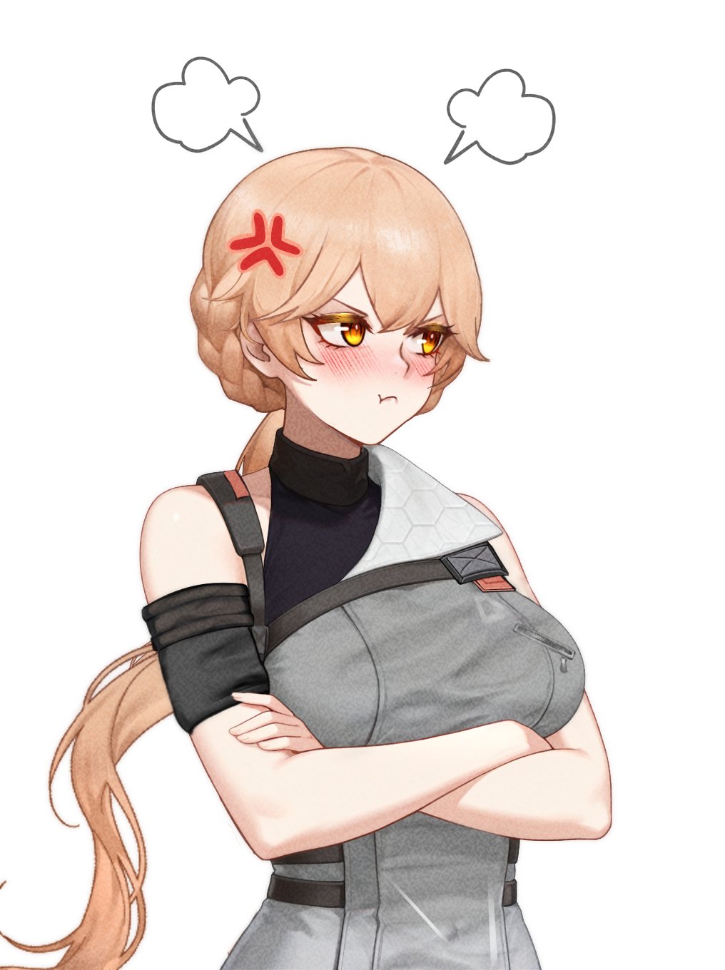 1girl, anger_vein, armband, art_undertaker, black_armband, blonde_hair, blush, breasts