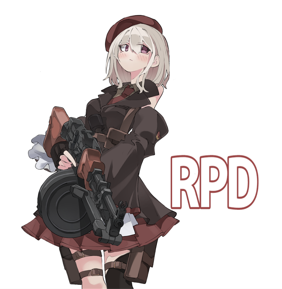 1girl, beret, black_gloves, black_thighhighs, blush, brown_shirt, brown_sleeves, brown_vest