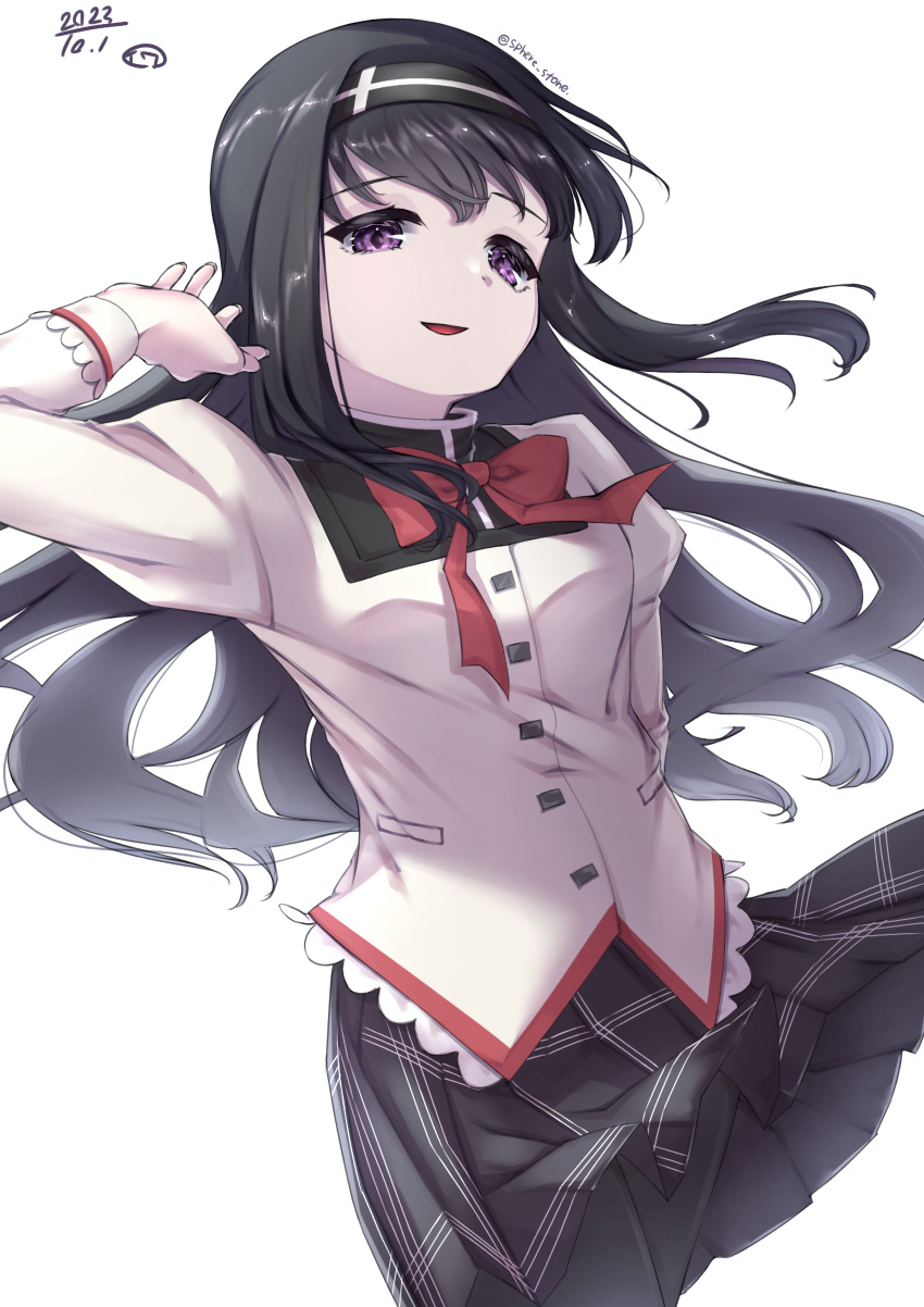 absurdres, akemi_homura, arm_up, black_hair, black_pantyhose, bow, bowtie, hairband