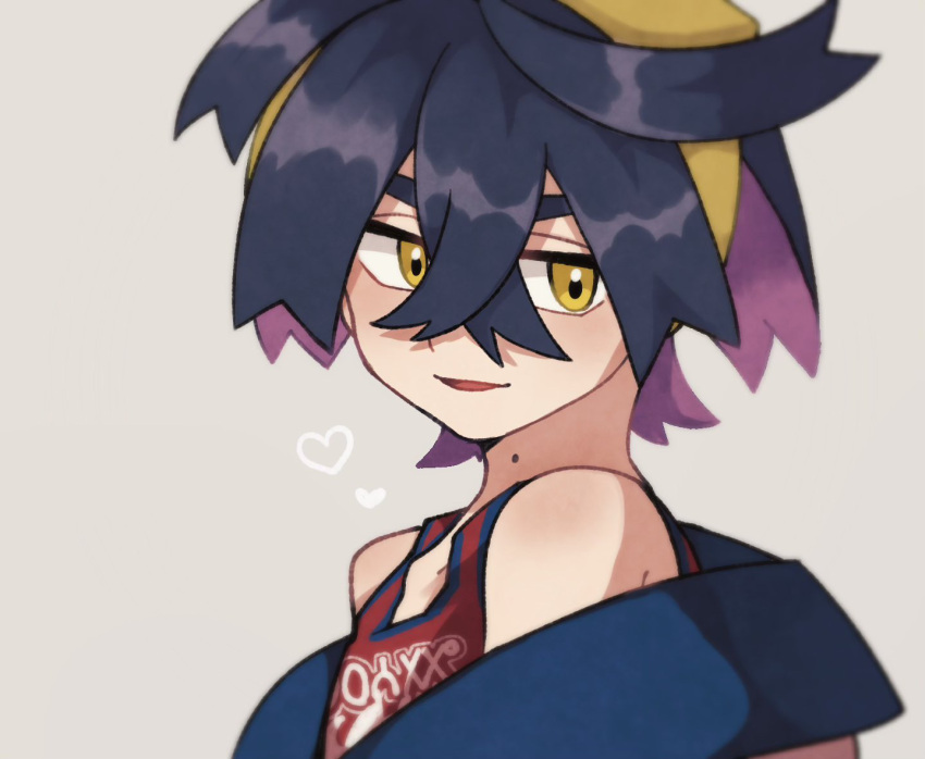 1boy, black_hair, blush, crossed_bangs, grey_background, hair_between_eyes, hairband, heart, hykchiba, jacket, kieran_(pokemon), looking_at_viewer, male_focus, mole, mole_on_neck, multicolored_hair, off_shoulder, open_clothes, parted_lips, pokemon, pokemon_sv, purple_hair, red_tank_top, simple_background, solo, tank_top, upper_body, yellow_eyes, yellow_hairband