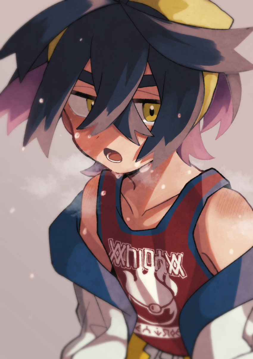 1boy, black_hair, crossed_bangs, grey_background, hair_between_eyes, hairband, highres, hykchiba, jacket, kieran_(pokemon), looking_at_viewer, male_focus, multicolored_hair, off_shoulder, open_clothes, open_jacket, open_mouth, pokemon, pokemon_sv, purple_hair, red_tank_top, simple_background, solo, sweat, tank_top, upper_body, white_jacket, yellow_eyes, yellow_hairband