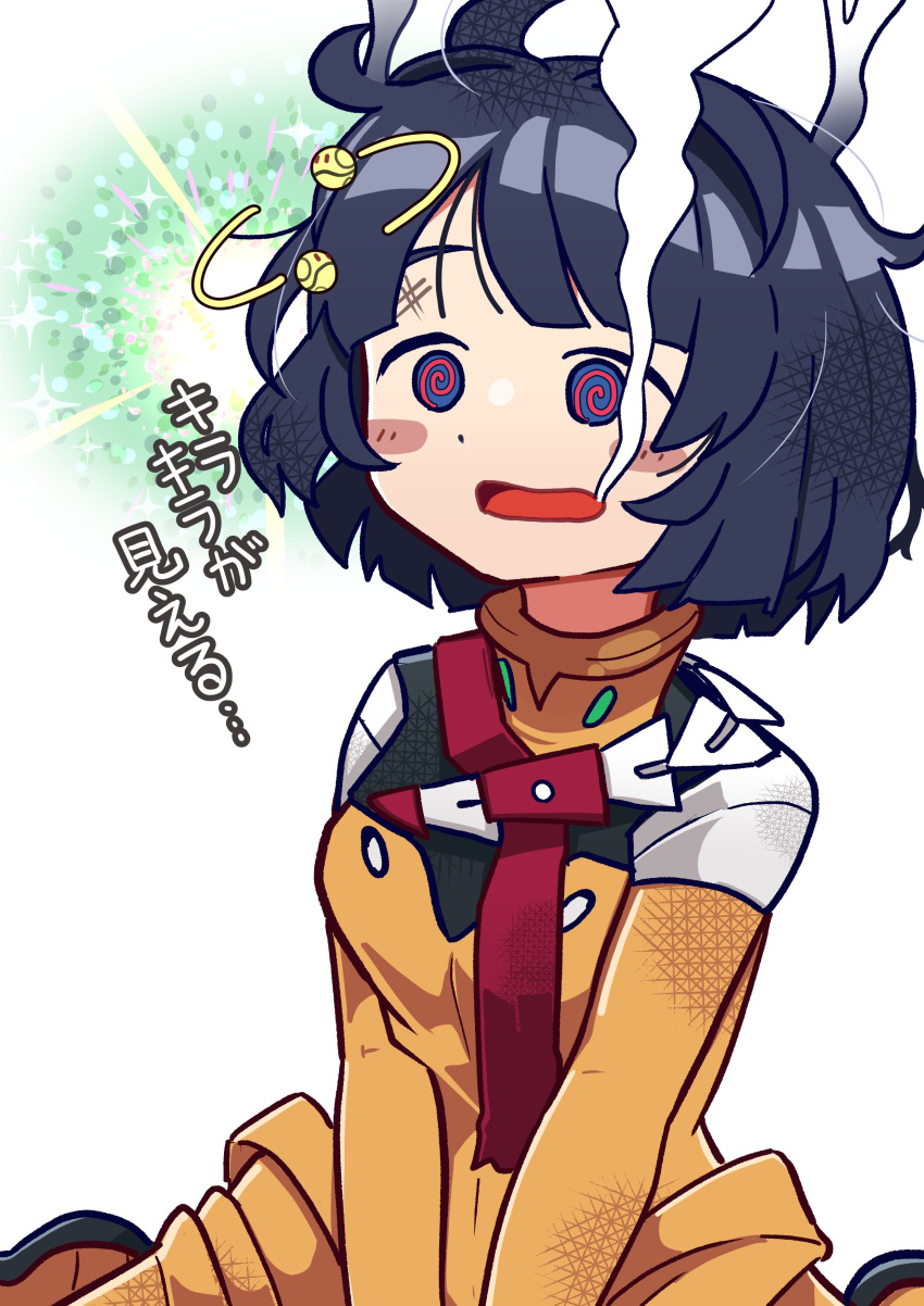 1girl, @_@, absurdres, black_hair, blue_eyes, blush, bodysuit, breasts, commentary_request, dizzy, gundam, gundam_gquuuuuux, haro, highres, kanisawa_yuuki, mecha_pilot_suit, messy_hair, no_sclera, normal_suit_(gundam), open_mouth, orange_bodysuit, red_eyes, shiiko_sugai, short_hair, simple_background, sitting, smoke, solo, translation_request, white_background