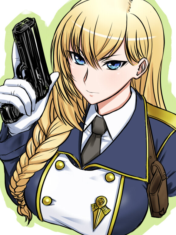1girl, anne_behar, black_necktie, blonde_hair, blue_eyes, braid, breasts, commentary_request