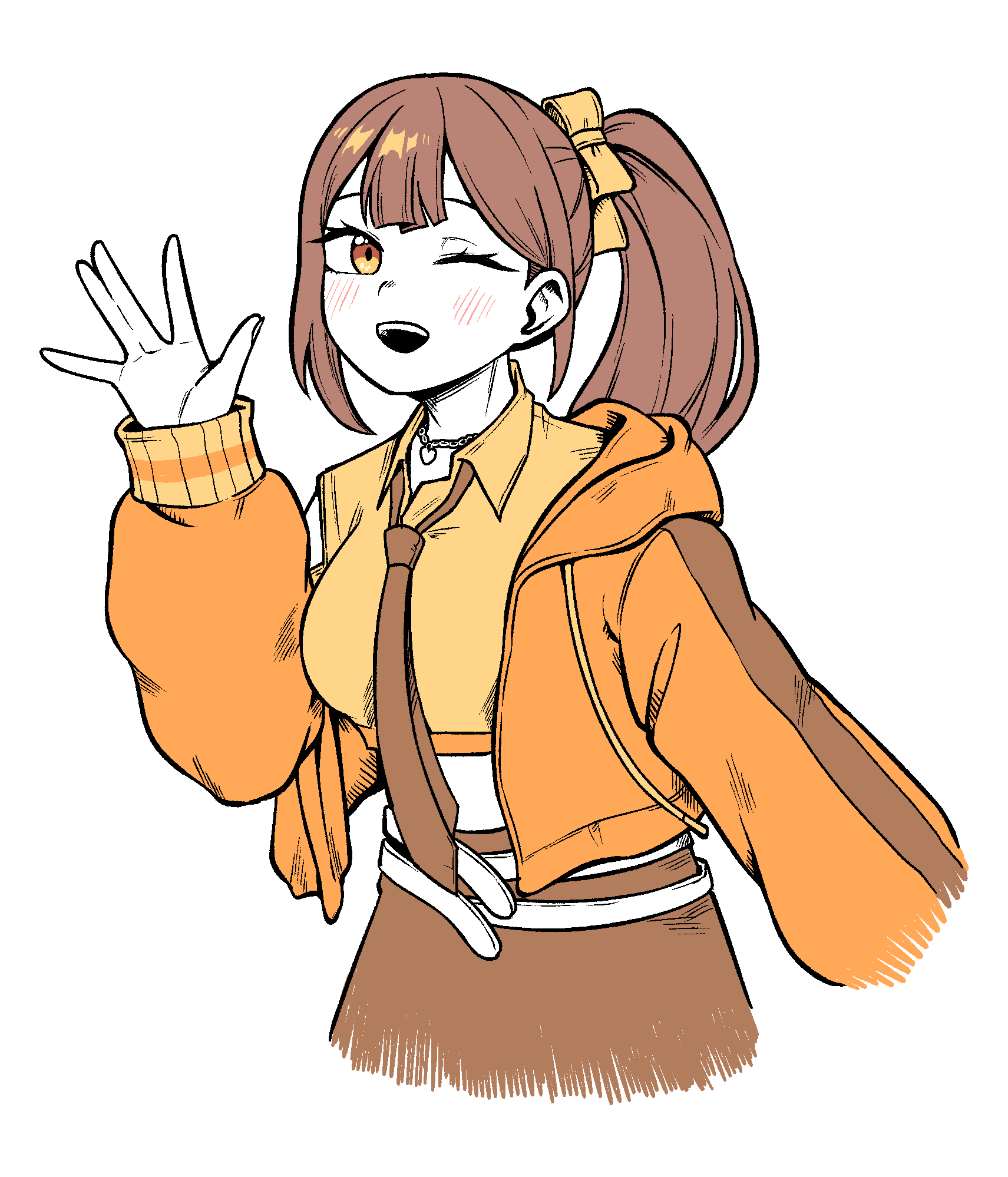 1girl, belt, blush, brown_hair, brown_necktie, brown_skirt, highres, jacket