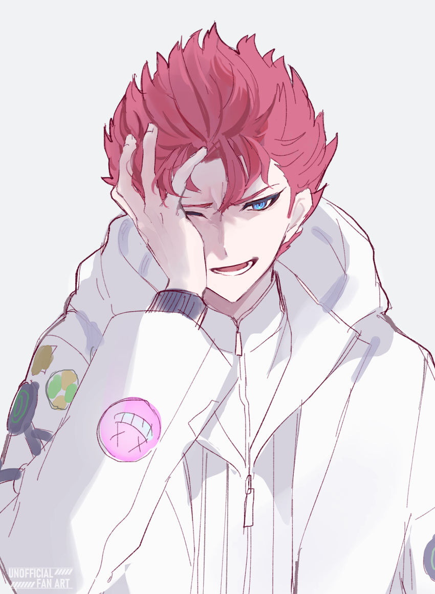 1boy, 8ato3abure, :d, blue_eyes, grey_background, hand_on_own_face, highres, jacket