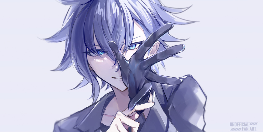 1boy, 8ato3abure, aoyama_kazuki, black_gloves, black_jacket, blue_eyes, blue_hair, gloves, grey_background, grin, hair_between_eyes, highres, jacket, looking_at_viewer, male_focus, portrait, putting_on_gloves, simple_background, single_glove, smile, solo, tribe_nine, v-shaped_eyebrows