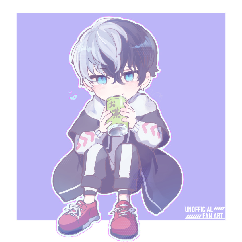 1boy, 8ato3abure, black_coat, black_hair, black_pants, blue_eyes, border, can