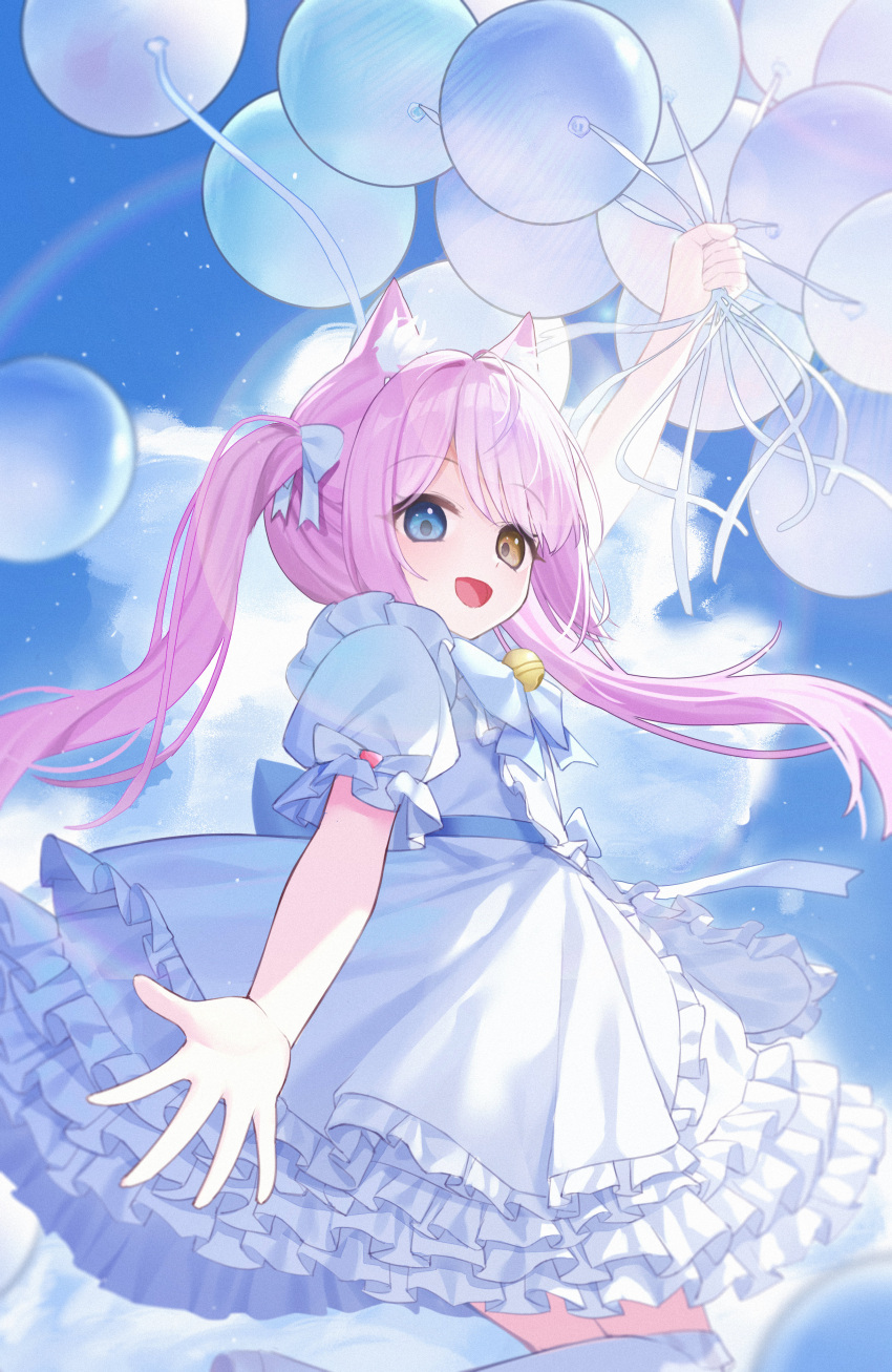 1girl, absurdres, animal_ear_fluff, animal_ears, balloon, bell, blue_eyes, blue_sky