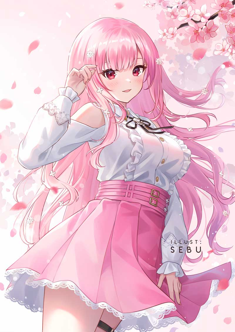 1girl, breasts, center_frills, cherry_blossoms, clothing_cutout, collared_shirt, flower, frilled_shirt