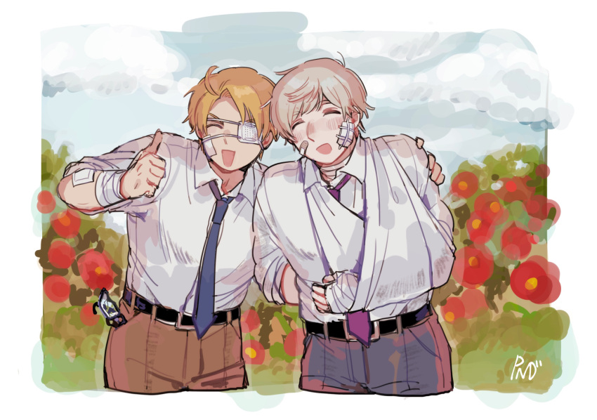 2boys, ahoge, america_(hetalia), arm_sling, axis_powers_hetalia, bandaged_arm, bandaged_neck, bandages