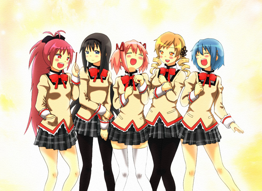akemi_homura, blonde_hair, blue_hair, drill_hair, kaname_madoka, long_hair, mahou_shoujo_madoka_magica, miki_sayaka, multiple_girls, pantyhose, pink_eyes, pink_hair, rakisutakonakona, red_hair, redhead, ribbon, sakura_kyouko, school_uniform, short_hair, short_twintails, thigh-highs, thighhighs, tomoe_mami, twintails