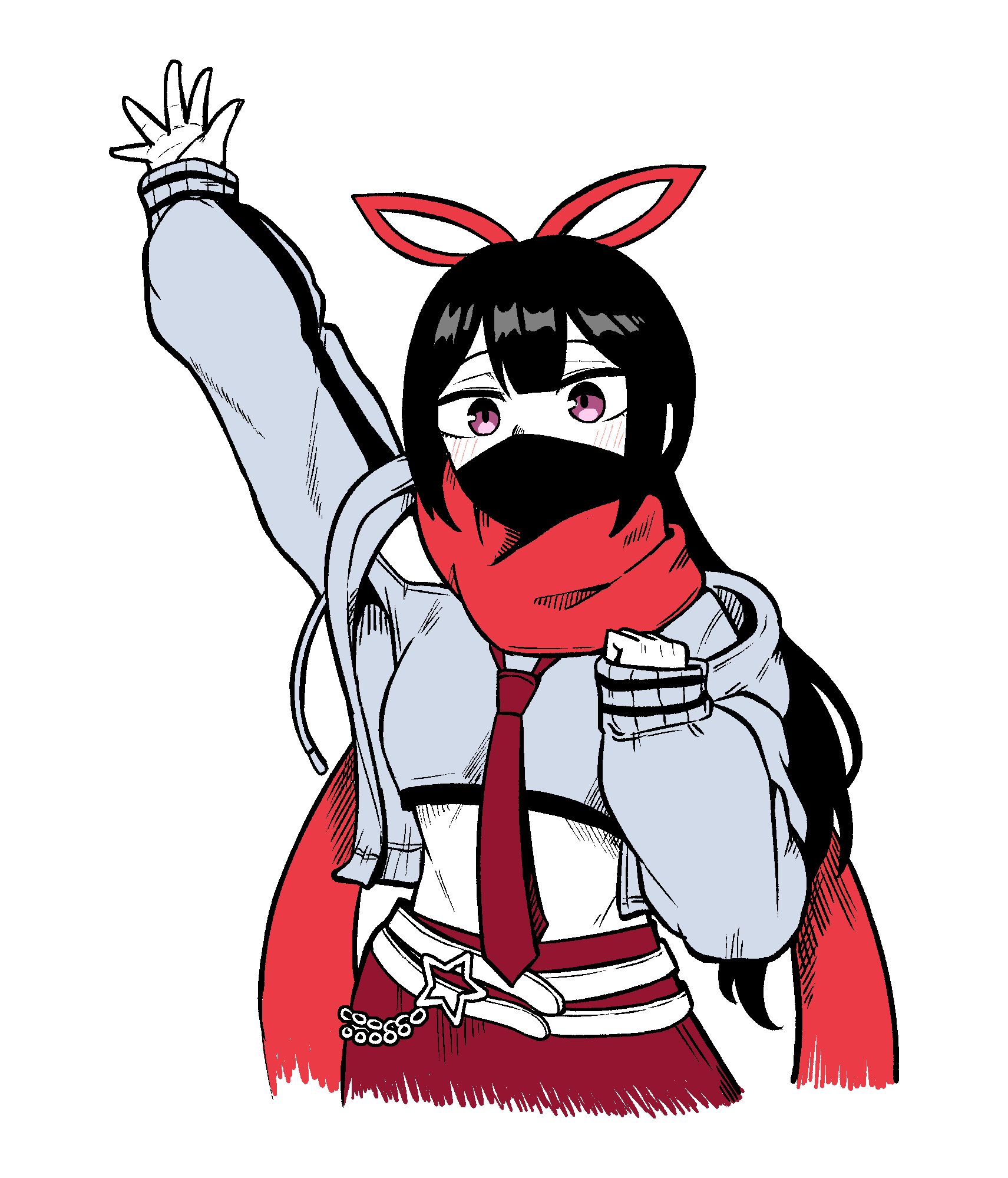 1girl, belt, black_hair, grey_jacket, hand_up, highres, jacket, midriff