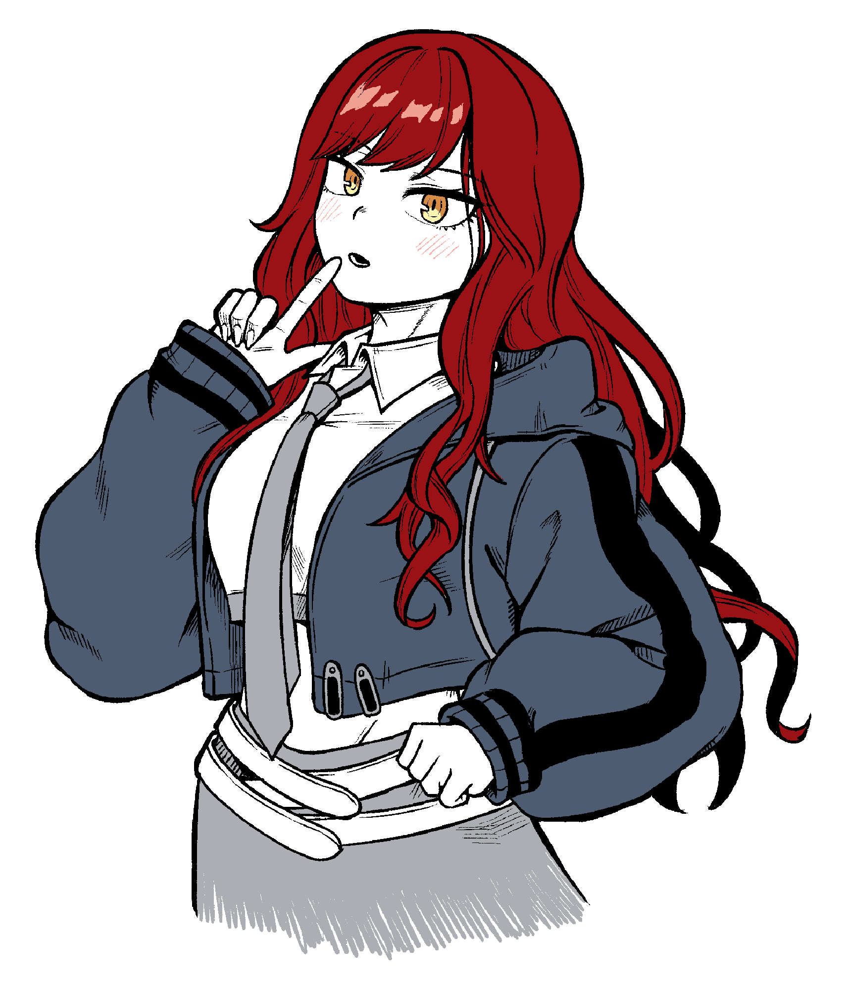 1girl, belt, blunt_bangs, castle_knight_charlotte, collar, curly_hair, finger_to_mouth, grey_necktie