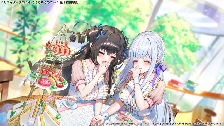 2girls, :d, =_=, ^_^, assault_lily, black_choker, black_hair, blue_ribbon