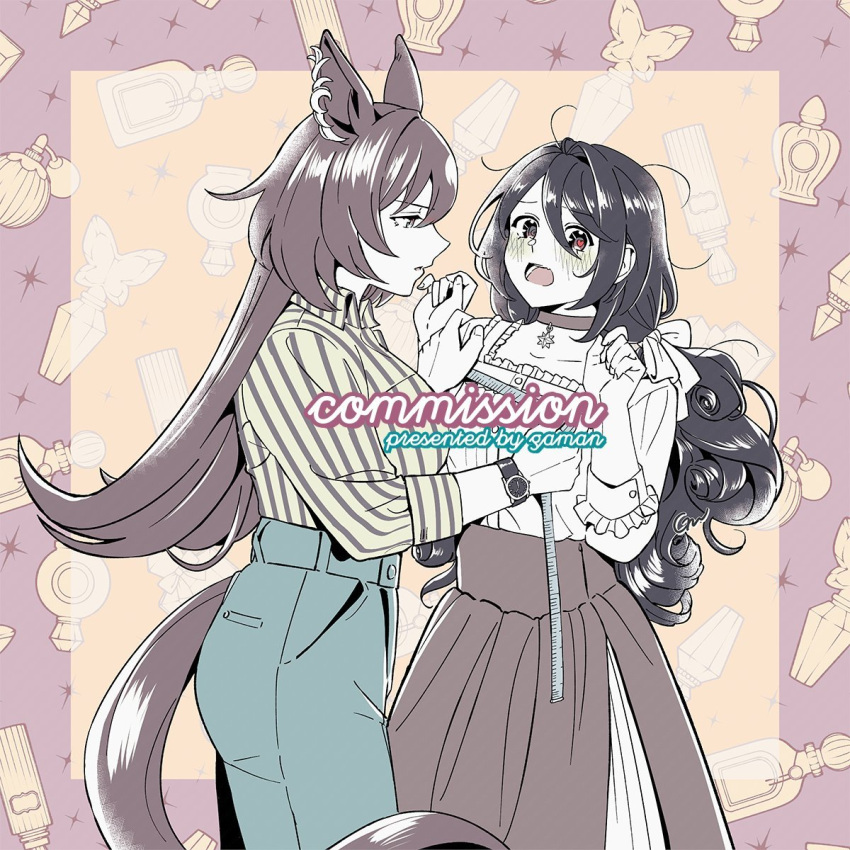 2girls, animal_ears, artist_name, black_hair, blue_pants, blush, borrowed_character, bottle