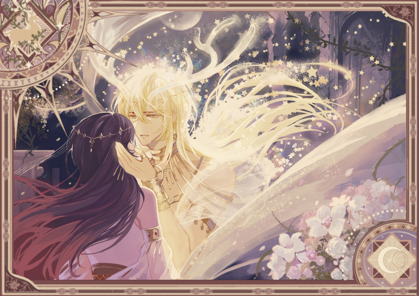 1boy, 1girl, absurdres, alkaid_mcgrath, alkaid_mcgrath_(spirit_world), antlers, arch, armlet, black_hair, blonde_hair, border, bracer, chinese_commentary, colored_tips, crying, crying_with_eyes_open, detached_sleeves, disintegration, earrings, facing_away, floating_hair, flower, full_moon, gold_collar, gold_necklace, green_eyes, hair_between_eyes, hand_on_another's_face, head_chain, heroine_(lovebrush_chronicles), highres, hoop_earrings, horns, jewelry, long_hair, long_sleeves, looking_at_another, lovebrush_chronicles, moon, multicolored_hair, necklace, night, ornate_border, parted_lips, pillar, plant, puffy_long_sleeves, puffy_sleeves, purple_flower, red_hair, see-through_clothes, see-through_shawl, shawl, shirt, sleeveless, sleeveless_shirt, smile, snow234, spoilers, star_(symbol), tears, topless_male, upper_body, vines, watermark, weibo_watermark, white_flower, white_shawl, white_shirt