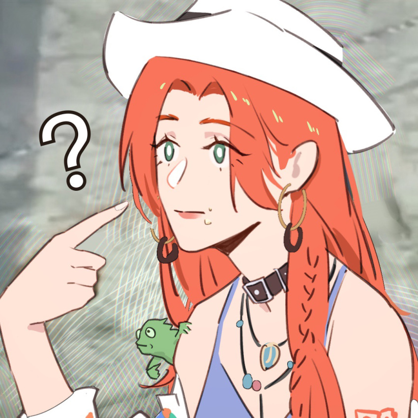 ?, bare_shoulders, braid, chameleon, choker, cowboy_hat, earrings, green_eyes