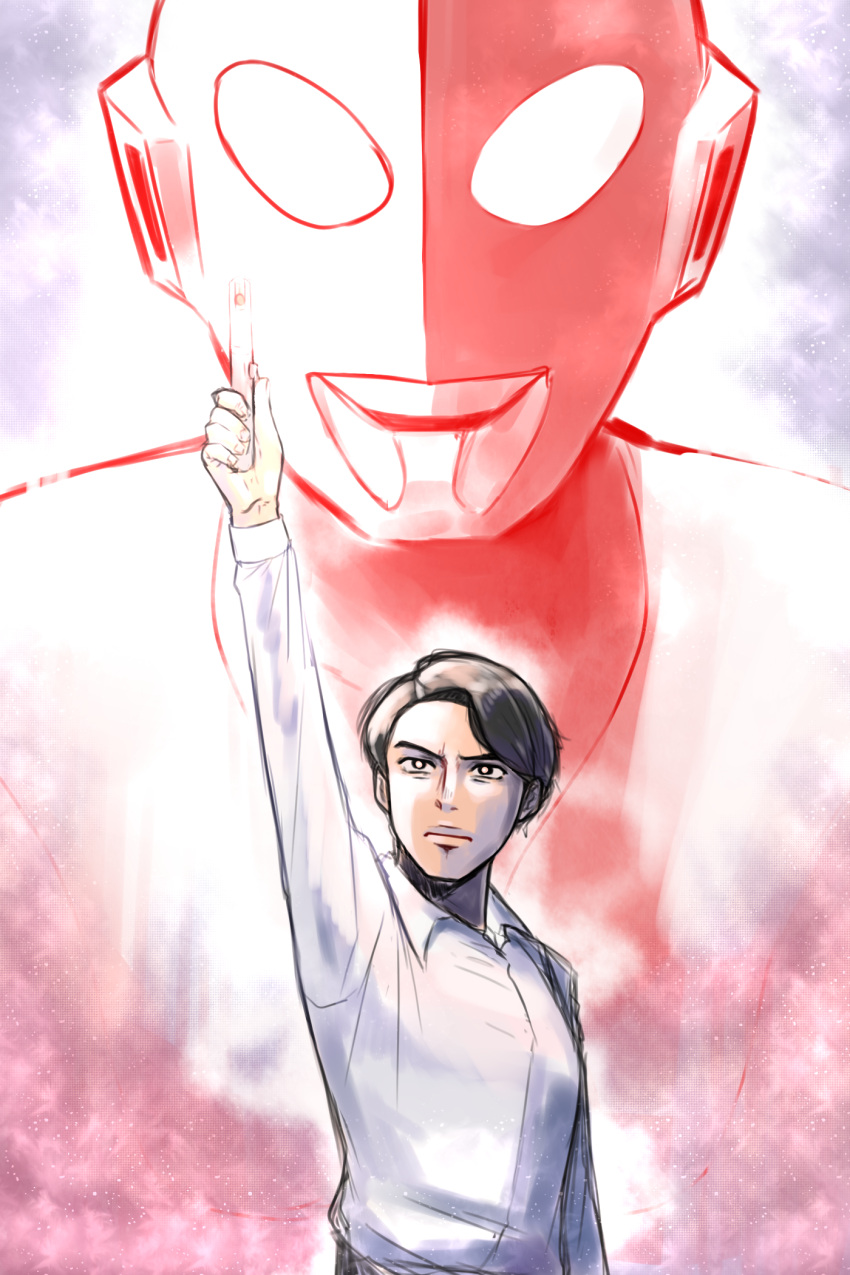 2boys, alien, arm_up, aura, beta_capsule, black_eyes, black_hair, bright_pupils, closed_mouth, collared_shirt, colored_skin, commentary, compound_eyes, curtained_hair, dress_shirt, dual_persona, fingernails, furrowed_brow, giant, glowing, glowing_eyes, henshin, highres, holding, kaminaga_shinji, light_particles, long_sleeves, looking_at_viewer, looking_up, male_focus, multiple_boys, red_aura, red_skin, serious, shin_ultraman, shirt, short_hair, tokusatsu, toned, toned_male, tsubasa_(godbardtsubasa), ultra_series, ultraman, ultraman_(shin), upper_body, white_eyes, white_pupils, white_shirt