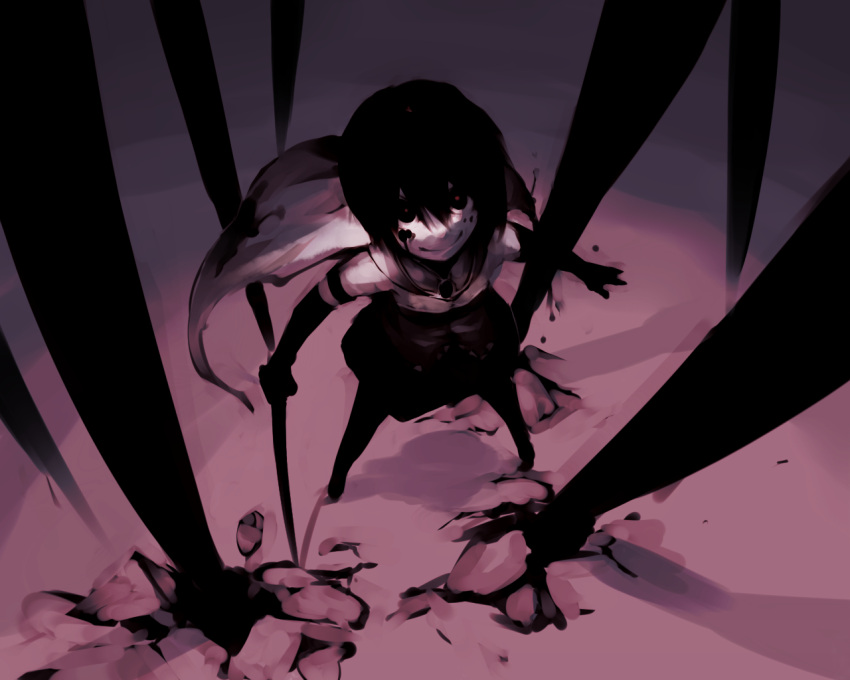 black_hair, black_sclera, blood, cape, creepy, dark, dark_persona, elbow_gloves