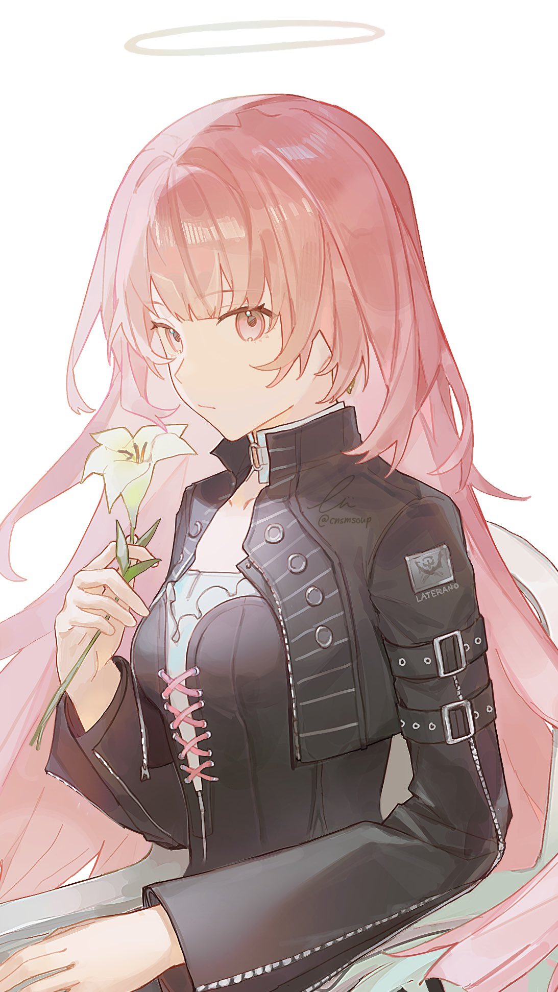 1girl, arknights, belt, black_dress, black_jacket, blunt_bangs, breasts, cnsmsoup, collared_jacket, cropped_jacket, cross-laced_clothes, cross-laced_dress, dress, expressionless, flower, halo, hashtag-only_commentary, highres, holding, holding_flower, jacket, laterano_logo, lemuen_(arknights), lily_(flower), long_hair, long_sleeves, looking_at_viewer, multiple_belts, open_clothes, open_jacket, pink_eyes, pink_hair, pink_halo, sideways_glance, signature, simple_background, small_breasts, solo, three_quarter_view, traditional_halo, twitter_username, upper_body, very_long_hair, white_background, white_flower