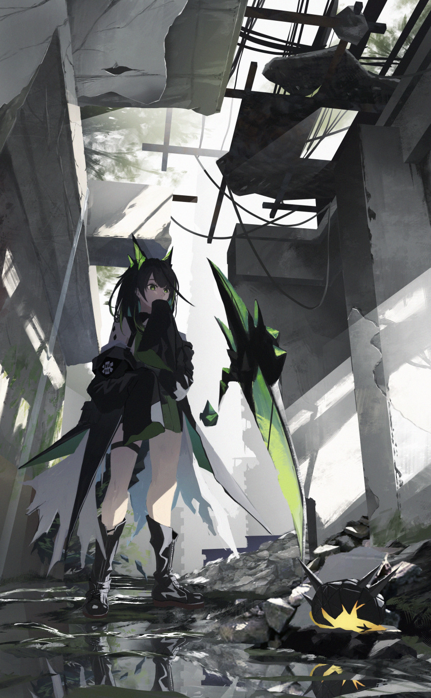 1girl, absurdres, ahoge, animal_ears, arknights, black_boots, black_hair, black_jacket