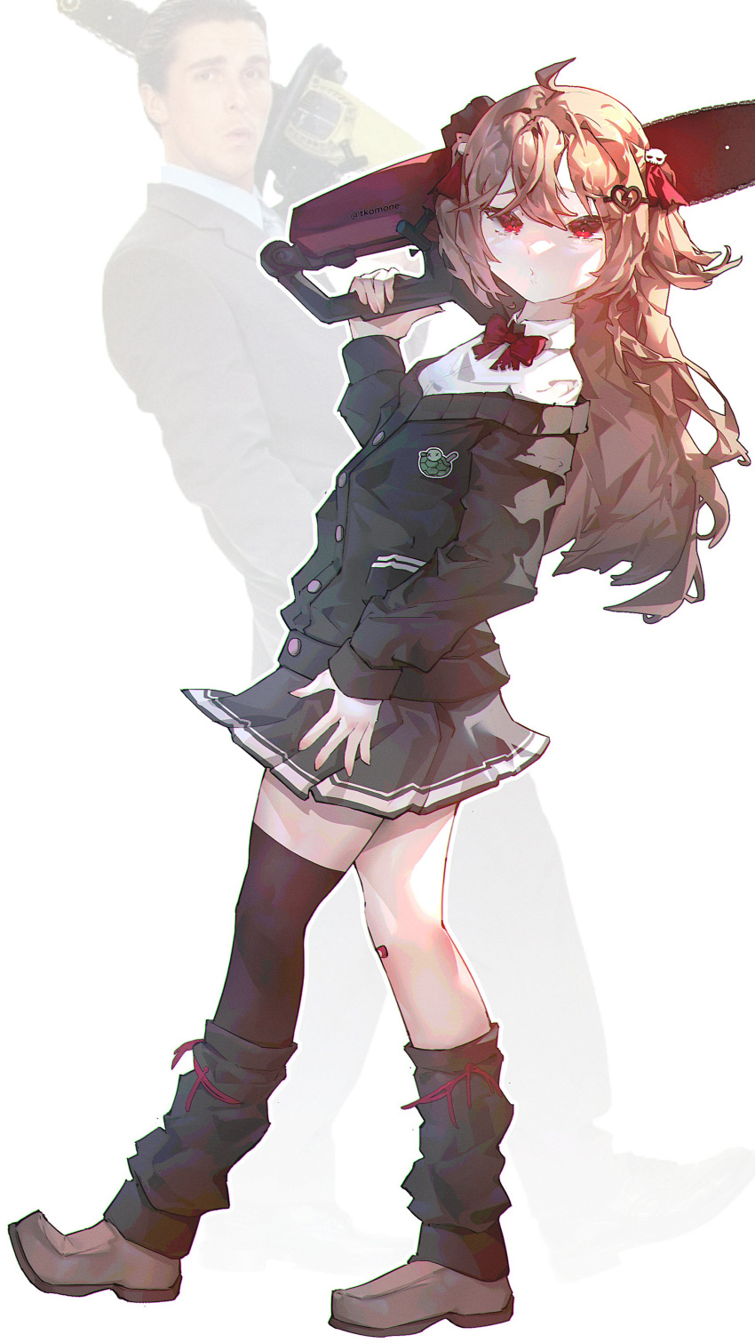 1girl, absurdres, ahoge, american_psycho, bandaid, bandaid_on_knee, bandaid_on_leg, black_cardigan