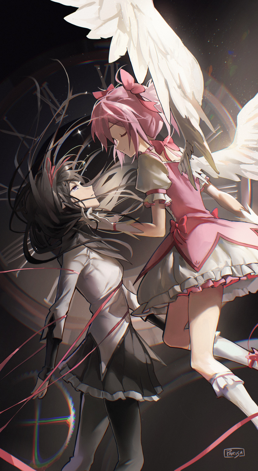 2girls, absurdres, akemi_homura, akemi_homura_(magical_girl), back_bow, black_hair, black_pantyhose, bow