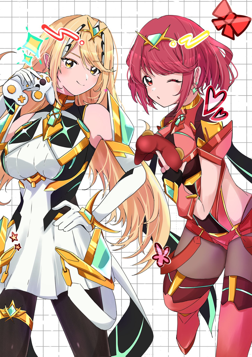 2girls, arm_guards, armor, backless_outfit, bare_shoulders, black_gloves, black_pantyhose, blonde_hair