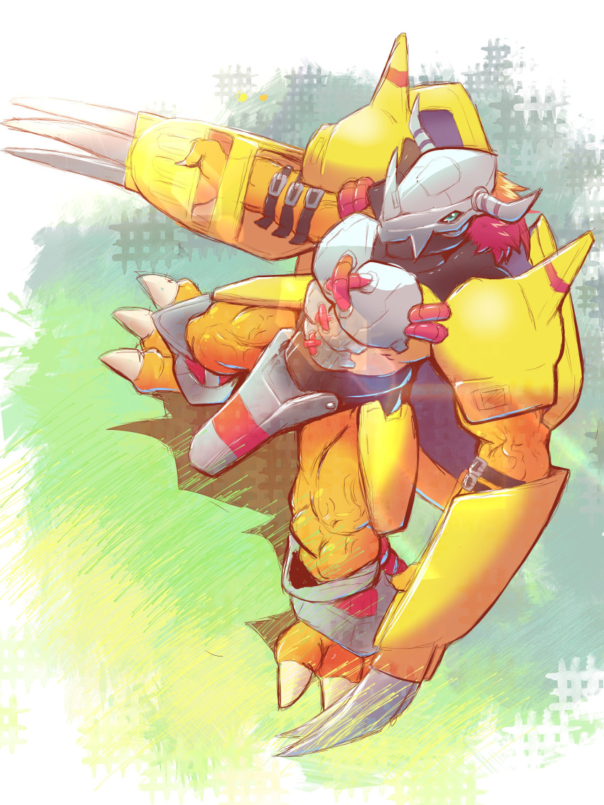 absurdres, armor, claw_(weapon), colored_skin, digimon, digimon_(creature), dragon, full_body, gauntlets, green_eyes, helmet, highres, horns, mechanical_wings, orange_skin, red_hair, solo, standing, wargreymon, weapon, wings, yellow_armor, youwantstars