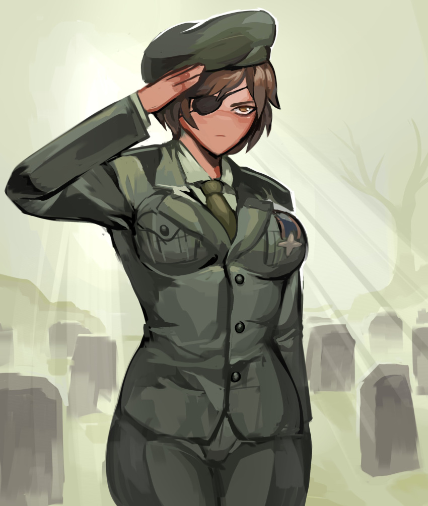 1girl, absurdres, alternate_costume, beret, big_boss, big_boss_(cosplay), breasts, brown_eyes