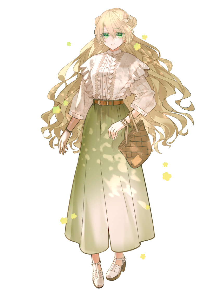 1girl, bag, blonde_hair, bow, bracelet, breasts, chain_paradox, frills