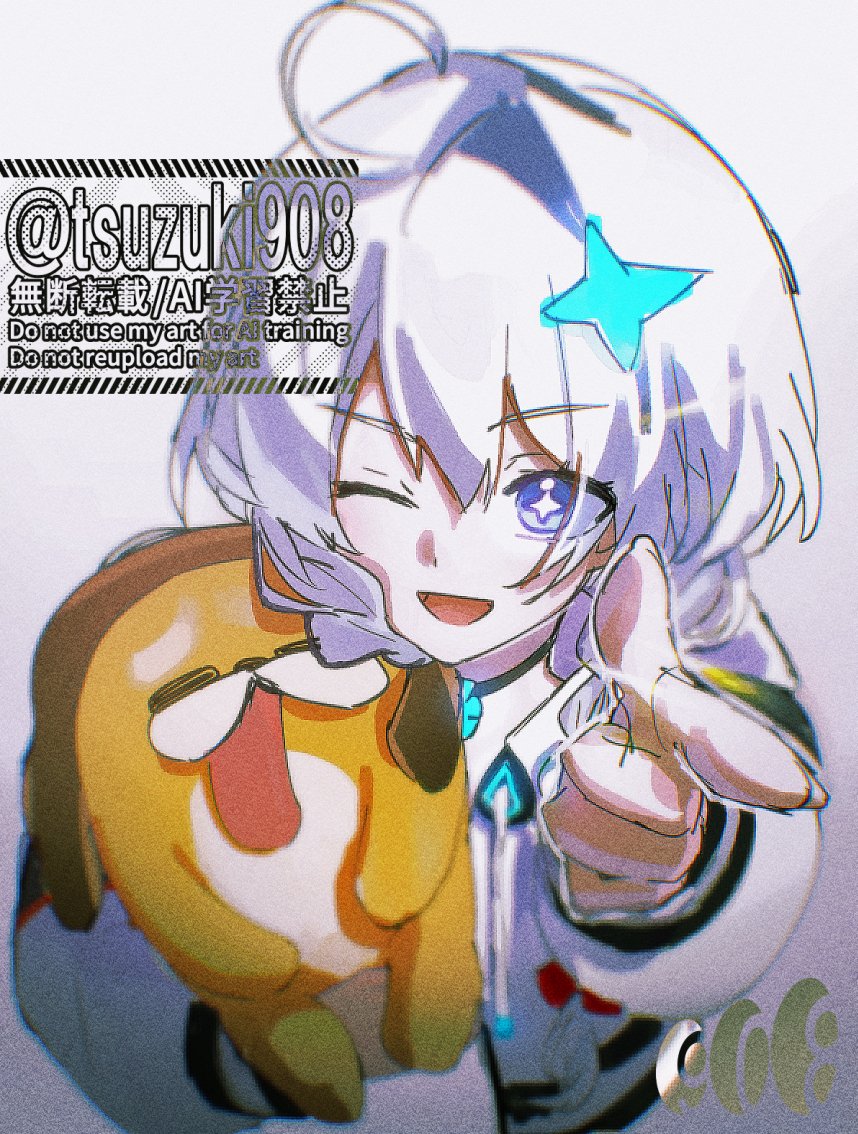 1girl, ahoge, artist_name, blue_eyes, braid, dog, english_text, finger_gun