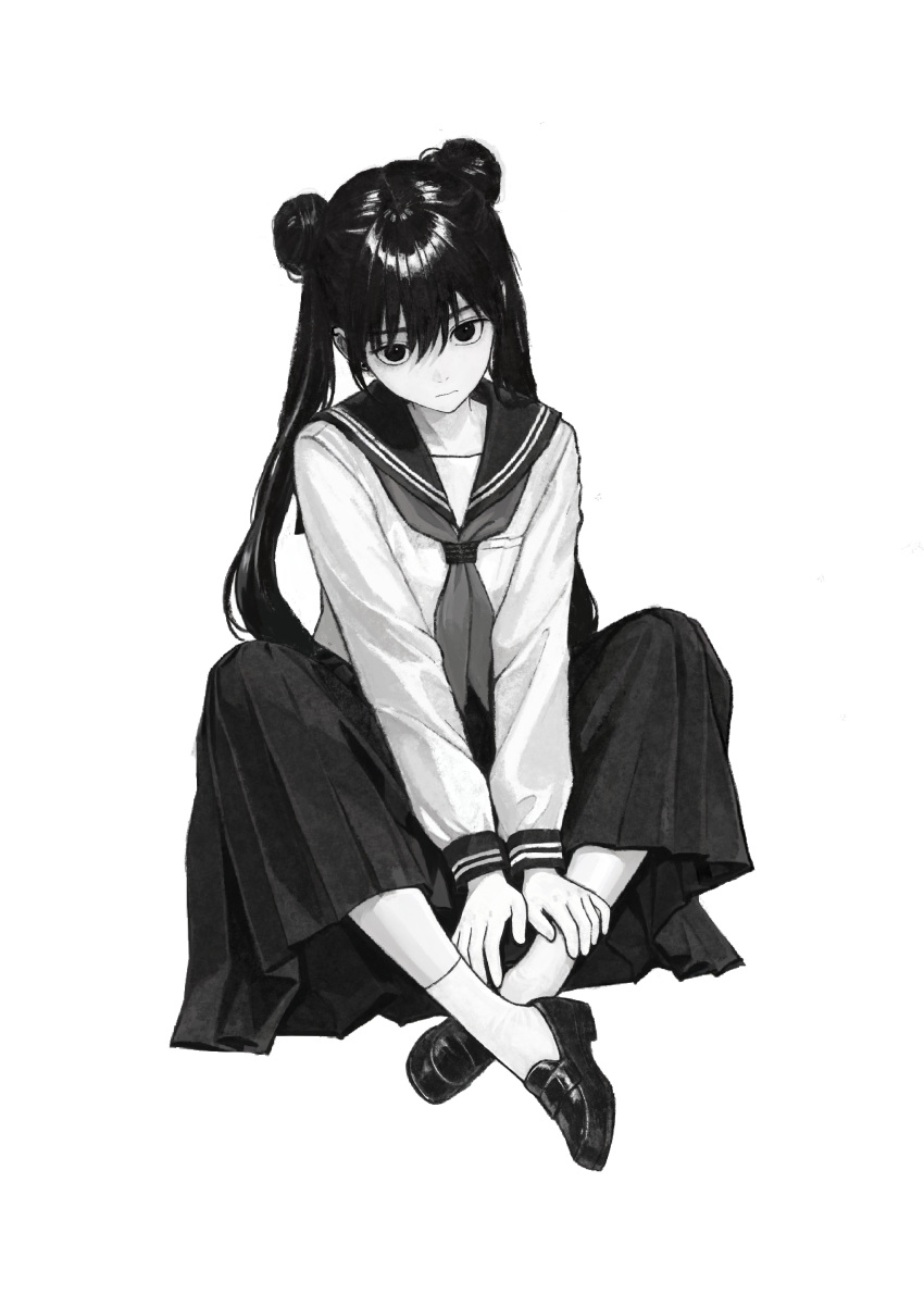 1girl, :|, absurdres, akiii_kawa, closed_mouth, commentary_request, crossed_ankles, double_bun