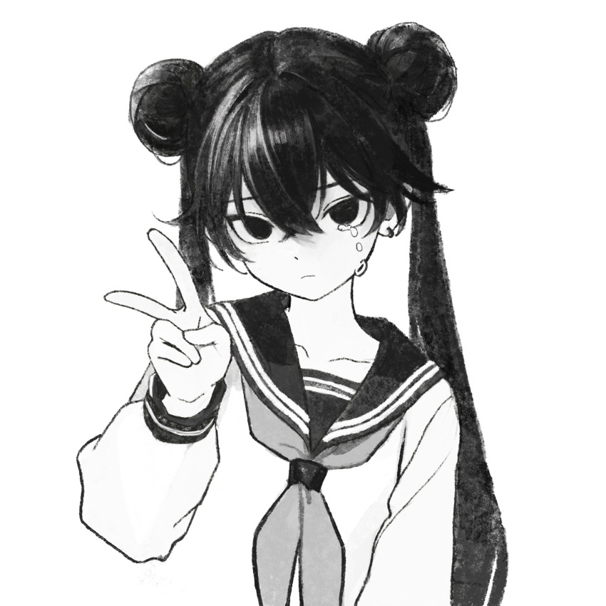1girl, akiii_kawa, closed_mouth, collarbone, crossed_bangs, crying, double_bun, earrings, greyscale, hair_between_eyes, hair_bun, highres, jewelry, long_hair, looking_at_viewer, monochrome, neckerchief, original, sailor_collar, sailor_shirt, school_uniform, shirt, simple_background, solo, symbol-shaped_pupils, tears, upper_body, v, white_background