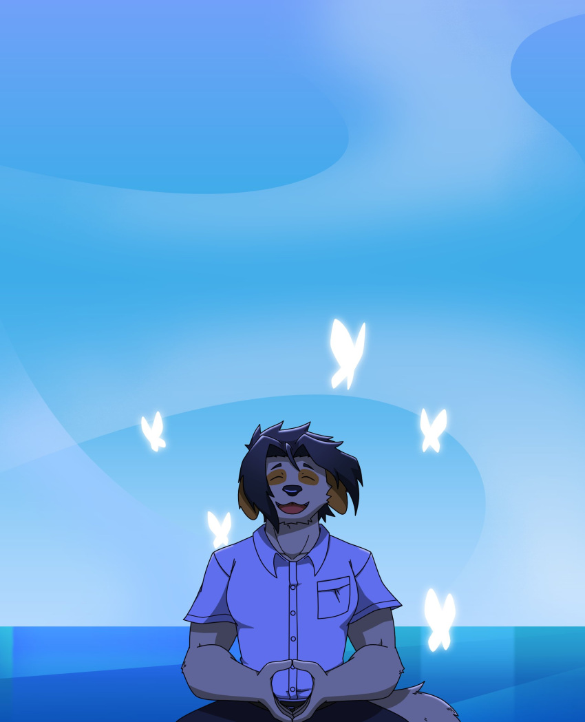 1boy, animal_ears, black_pants, bug, butterfly, closed_eyes, dog_boy, dog_ears