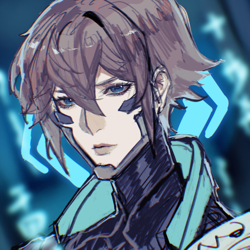 1boy, blue_background, blue_eyes, blurry, blurry_background, brown_hair, closed_mouth, expressionless
