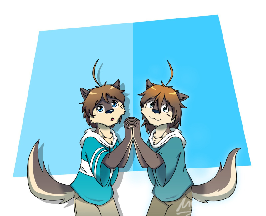 2boys, ahoge, animal_ears, bad_apple!!, blue_hoodie, brown_pants, character_request, closed_mouth