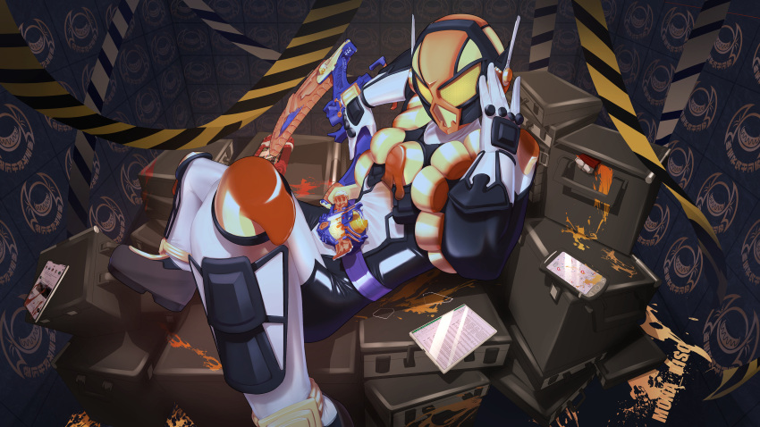 1boy, absurdres, armor, artist_name, black_bodysuit, blood, bodysuit, box, broken_glass, caution_tape, cellphone, commentary, glass, gloves, hand_on_helmet, helmet, highres, holding, holding_weapon, kamen_rider, kamen_rider_gavv_(series), kamen_rider_vram, kamen_rider_vram_(pudding_custom), knee_pads, looking_at_viewer, male_focus, mona_disc, multicolored_armor, multicolored_bodysuit, multicolored_helmet, on_suitcase, orange_armor, orange_helmet, phone, reclining, rider_belt, shin_guards, solo, suitcase, tablet_pc, tokusatsu, vrambreaker, vrastumgear, weapon, white_bodysuit, white_gloves, yellow_armor, yellow_helmet