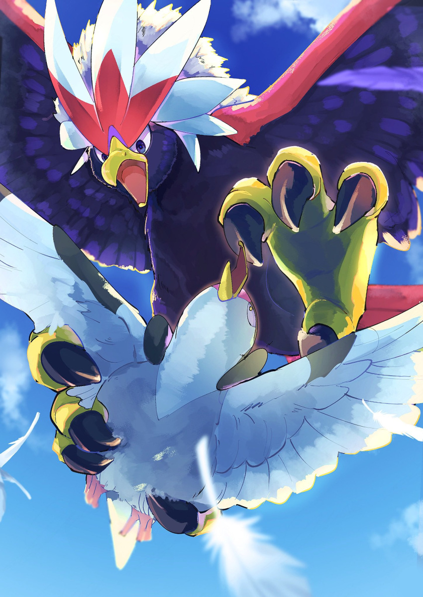 attack, bird, blue_eyes, blue_sky, braviary, clouds, english_commentary, falling_feathers