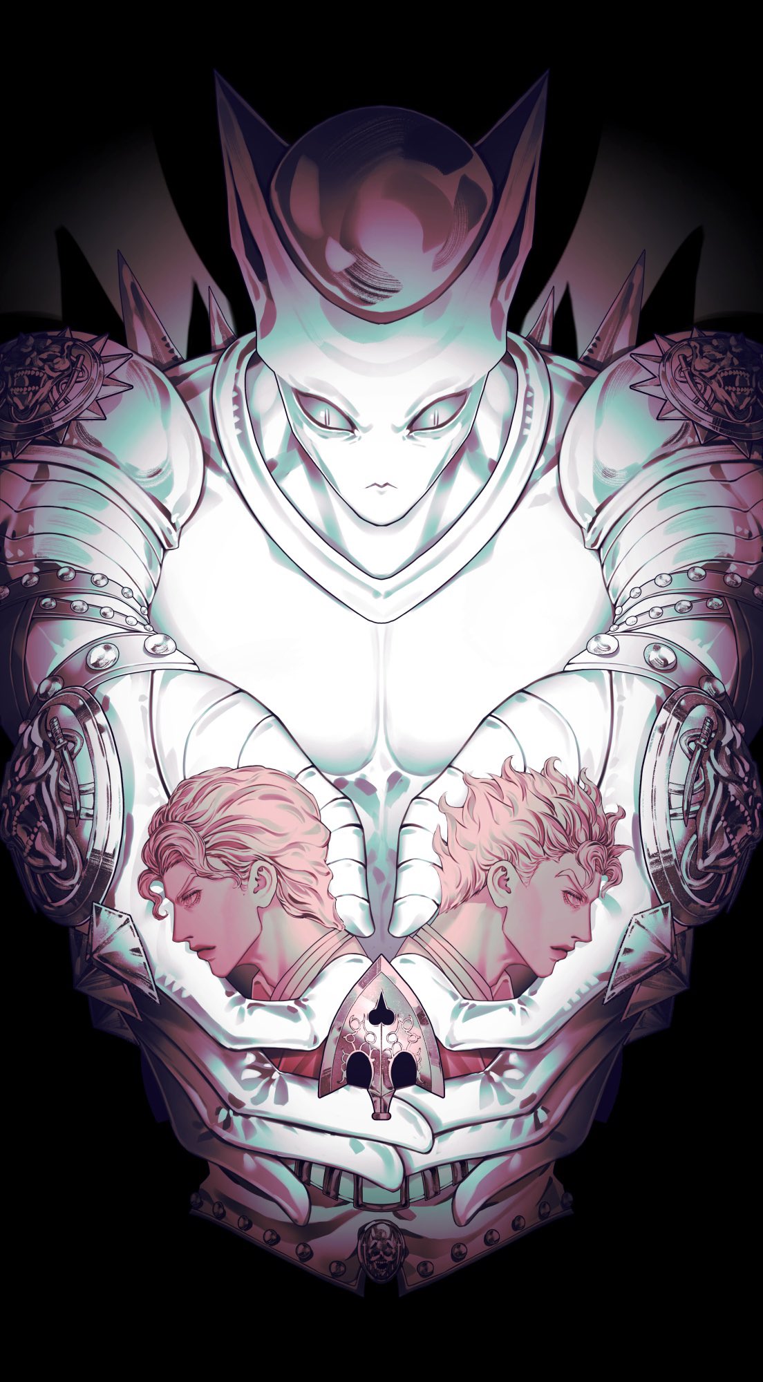 1other, 2boys, arrow_(jojo), black_background, bug, closed_mouth, cupping_hands, diamond_wa_kudakenai